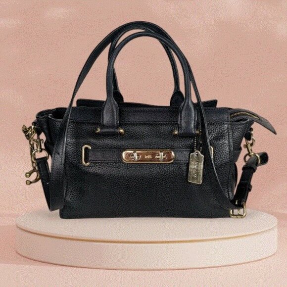 COACH Pebble Leather Swagger 27 Crossbody Handbag Satchel Black - Picture 3 of 9